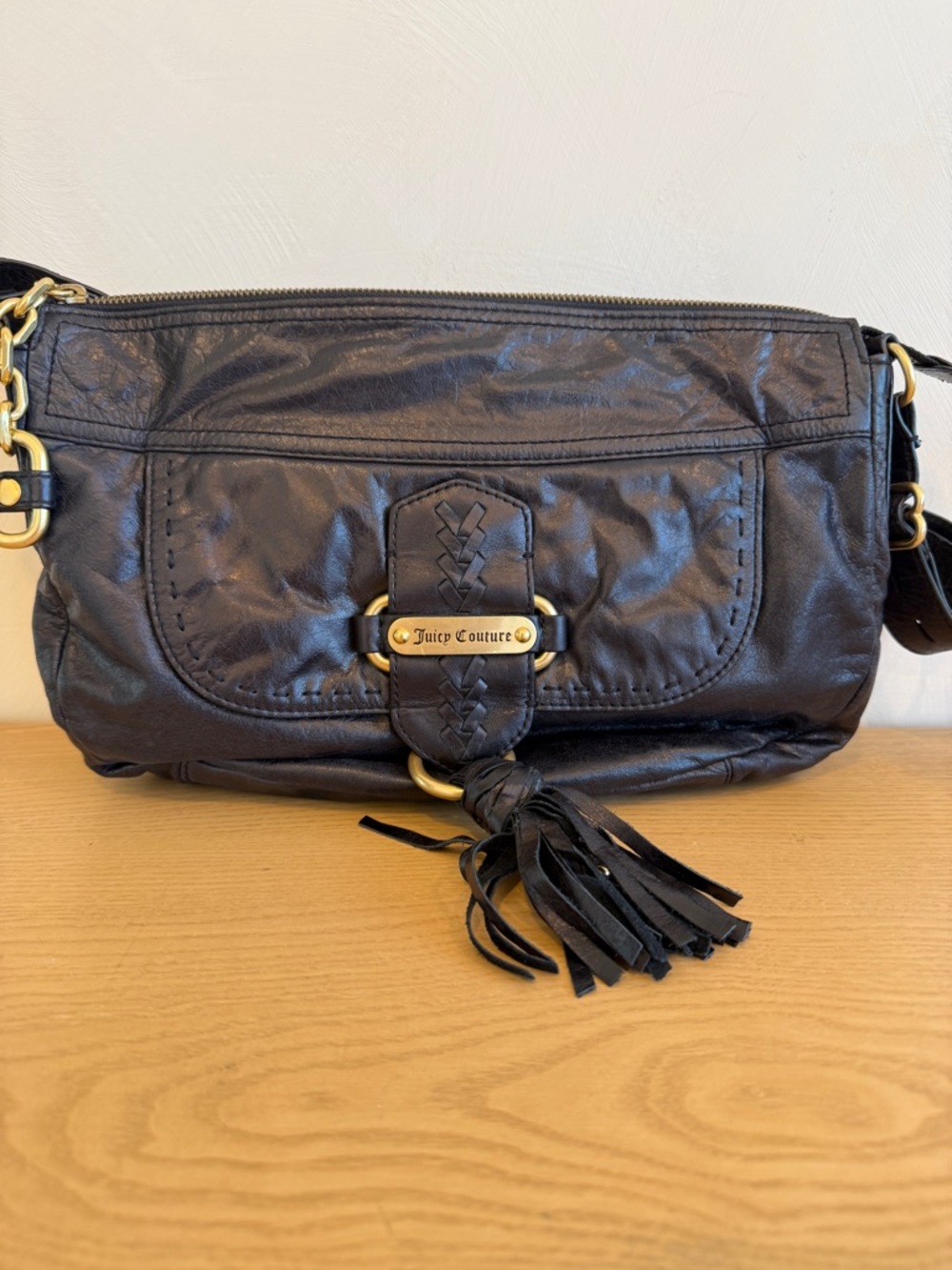 Y2K Vintage Juicy Couture Black Leather Tassel Shoulder Bag - Picture 1 of 6